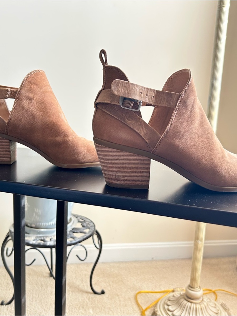 Lucky Brand Tan Suede Cutout Ankle Booties with Stacked Heel